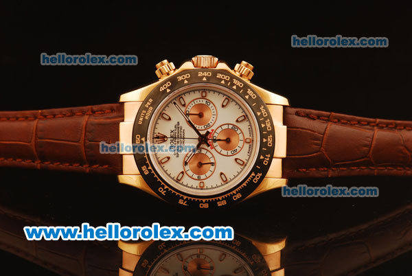 Rolex Daytona Chronograph Swiss Valjoux 7750 Automatic Rose Gold Case with White Dial and Brown Leather Strap - Click Image to Close